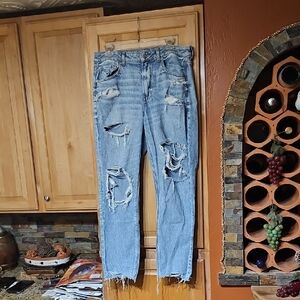 American Eagle Distressed Blue Strigid Mom Jean High Rise Straight Leg Jeans